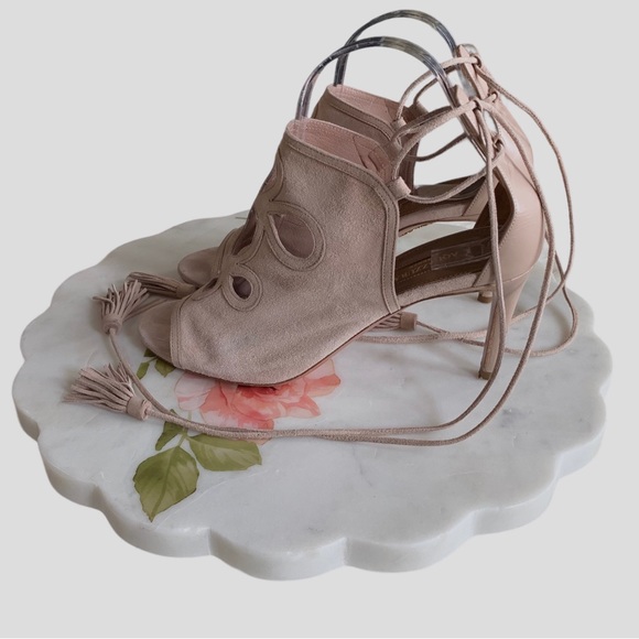 AQUAZURRA FIRENZE NEUTRAL LEATHER TUSSLE HEELED SANDALS - Picture 1 of 16